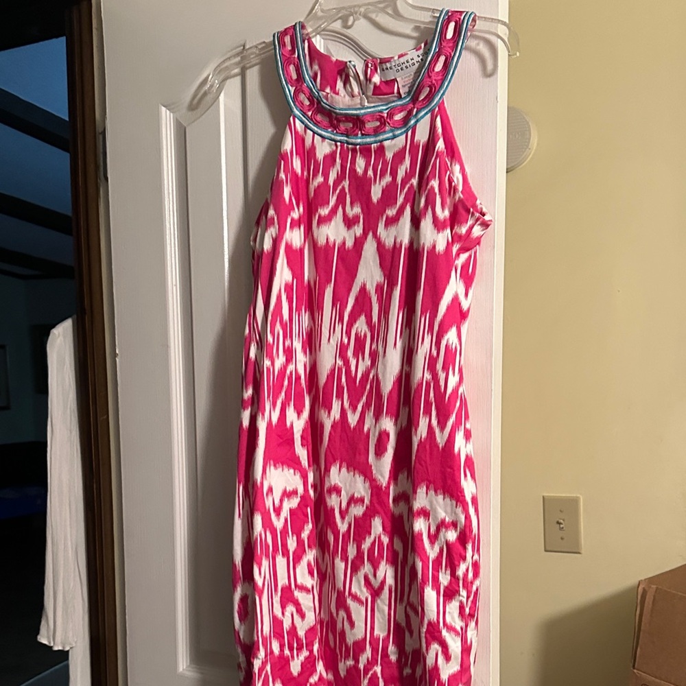 Gretchen Scott Designs Vibrant Pink and White Ikat Design Dress